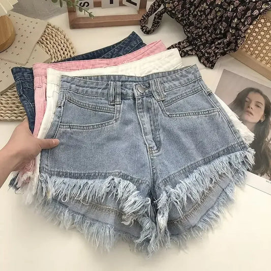 Shorts jeans com franjas avermelhadas rosa verão feminino novo nicho emagrecimento cintura alta picante menina linha A calças de calor de perna larga