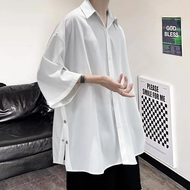 Camisa de manga curta de verão para homens de grandes dimensões preto branco camisa streetwear coreano solto camisas de seda de gelo dos homens camisa casual m-3xl