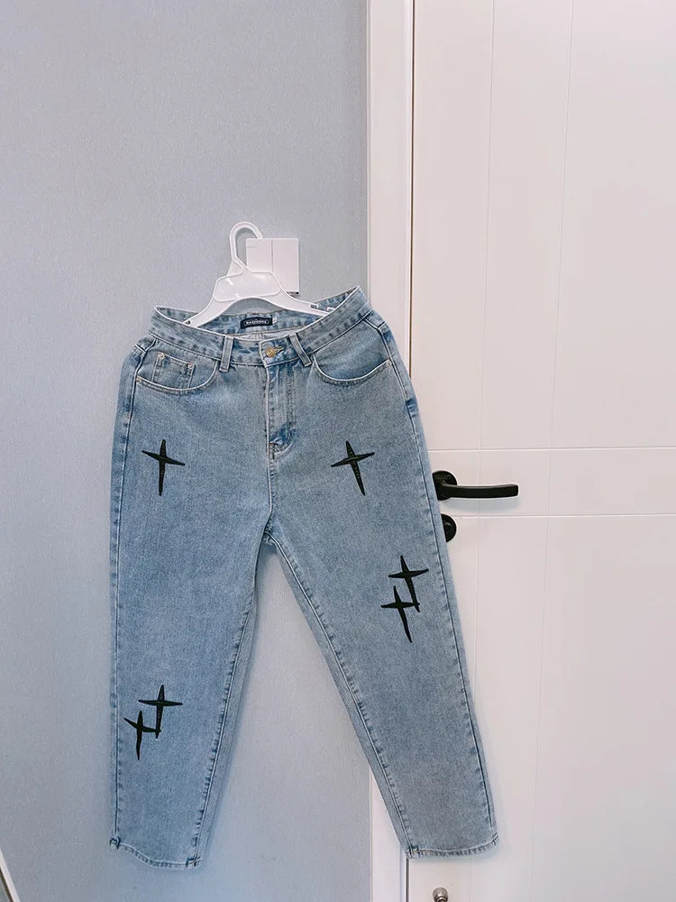 Estampas Jeans Homens 2023 Novo Streetwear Baggy Wide Leg Jeans Coreano Moda Cortinas Reta Casual Solta Denim Cargo Calças