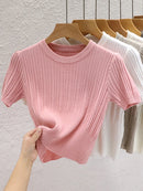 Camisetas de verão para mulheres Casual Feminino Coreano Malha Streetwear Tees Básico Sólido Jovem Cool Tops