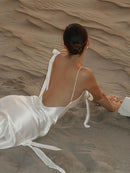 Sexy fita branca de seda cetim estilingue vestido para as mulheres elegante swing colarinho backless vestidos longos 2025 mulheres novo praia férias robe