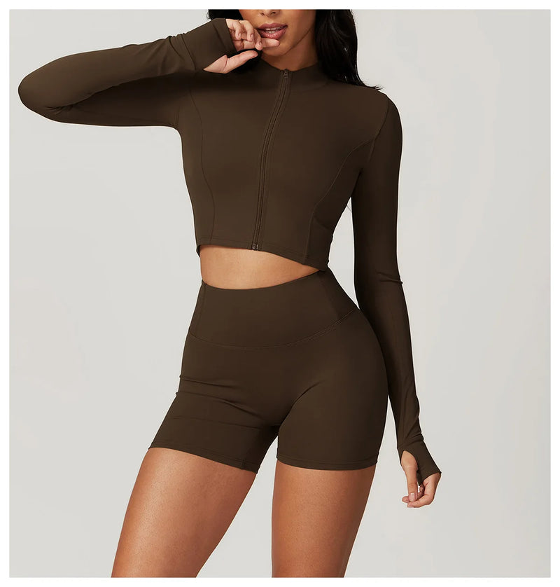 3 PCS Conjunto de Yoga Conjuntos de Treino Feminino Sportswear Roupas de Ginástica Fitness zíper Manga Comprida Cintura Alta Leggings Ternos Esportivos Terno de Ioga