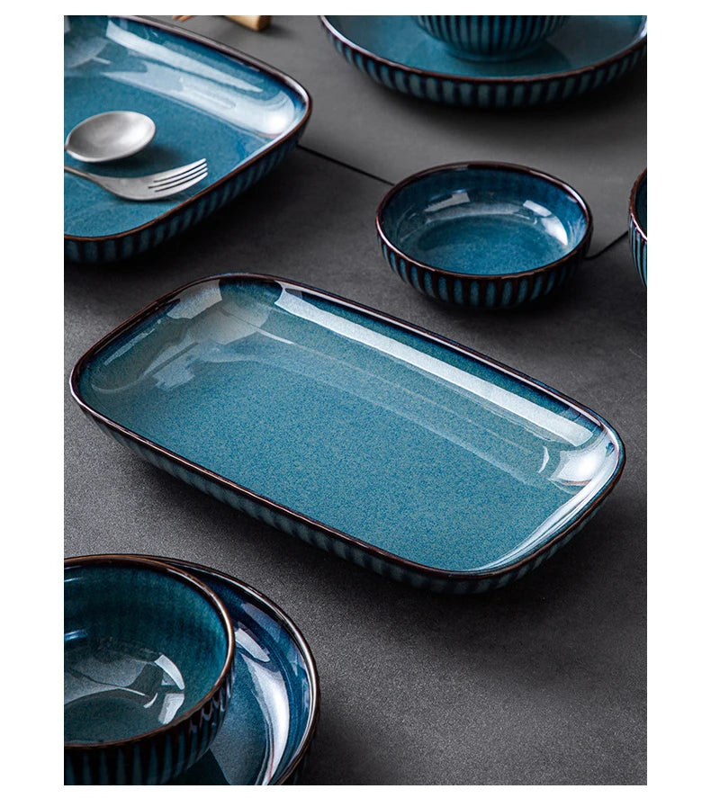 Pratos de cerâmica vitrificada em forno azul, pratos de jantar para micro-ondas, tigelas de salada de arroz redondas, talheres domésticos