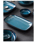 Pratos de cerâmica vitrificada em forno azul, pratos de jantar para micro-ondas, tigelas de salada de arroz redondas, talheres domésticos