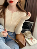 Suéter de malha feminina com decote em O Botão Pulôveres Primavera Outono Suéteres Básicos para Feminino Pulôver Slim Sólido Negrito Listradas Tops