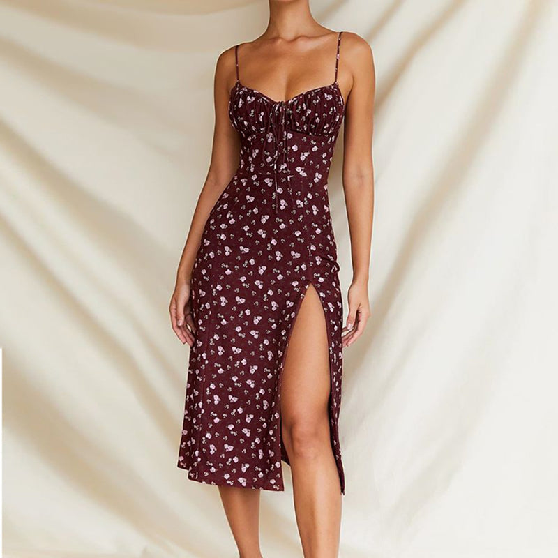 Elegante Elegante Flor Impressão Alças Finas Vestidos Para Mulheres 2024 Camisola Profundo Decote Em V Suspender Vestido Mulher Roupas