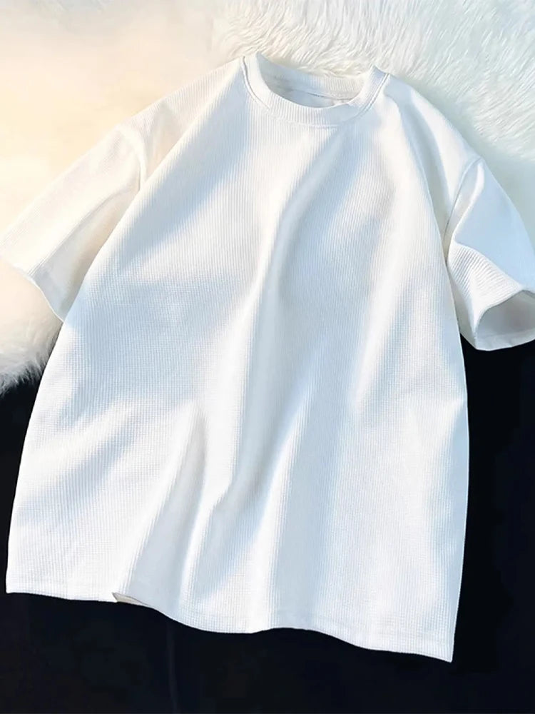 Camiseta Waffle Masculina Nova Gola Redonda Solta Camiseta Feminina Moda Casual Camisetas Verão High Street Oversized Meia Manga Camisetas Top