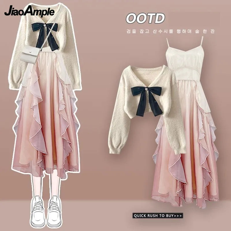 Primavera Outono Novas Suéteres de Malha Femininas Duas Peças 2025 Coreano Elegante Arco Cardigan Strap Saia Conjunto Correspondente Roupas Femininas