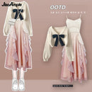 Primavera Outono Novas Suéteres de Malha Femininas Duas Peças 2025 Coreano Elegante Arco Cardigan Strap Saia Conjunto Correspondente Roupas Femininas