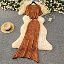 SINGREINY Verão Suave Ternos de Tricô Mulheres Botão Design Manga Curta O Pescoço Tops + Bodycon Saia Gancho Flor Oco 2pcs Set