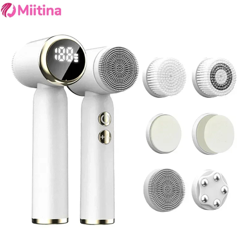 Dispositivo de Limpeza Facial Elétrico LED 6 em 1, Escova de Lavagem Facial, Escova de Limpeza Facial, Mini Hifu, Cuidados com a Pele, Carregador USB