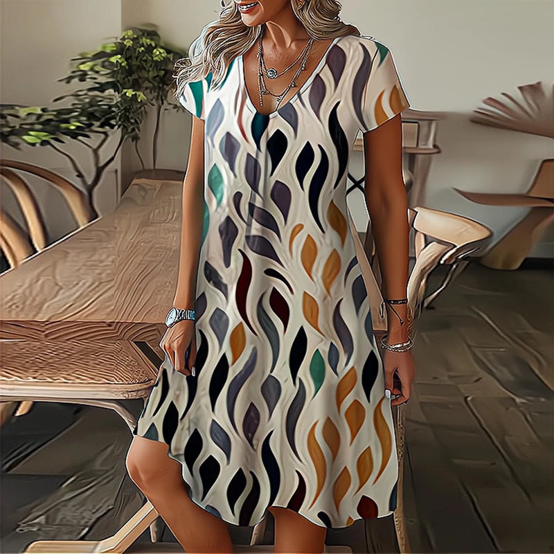 Vestidos com estampa de penas Mulheres Verão 2025 Roupas Manga Curta Decote em V Mini Vestido Elegante Boêmio Moda Vestido de verão Vestidos de praia