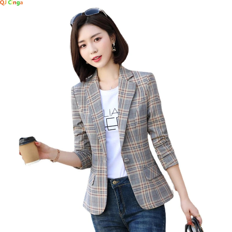 Jaqueta de Blazer Xadrez Listrado Cinza Moda Feminina Casacos Slim Decote em V Único Botão Senhoras Blazers S-XXXXXL