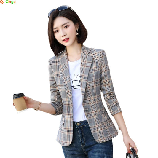 Jaqueta de Blazer Xadrez Listrado Cinza Moda Feminina Casacos Slim Decote em V Único Botão Senhoras Blazers S-XXXXXL