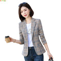 Jaqueta de Blazer Xadrez Listrado Cinza Moda Feminina Casacos Slim Decote em V Único Botão Senhoras Blazers S-XXXXXL