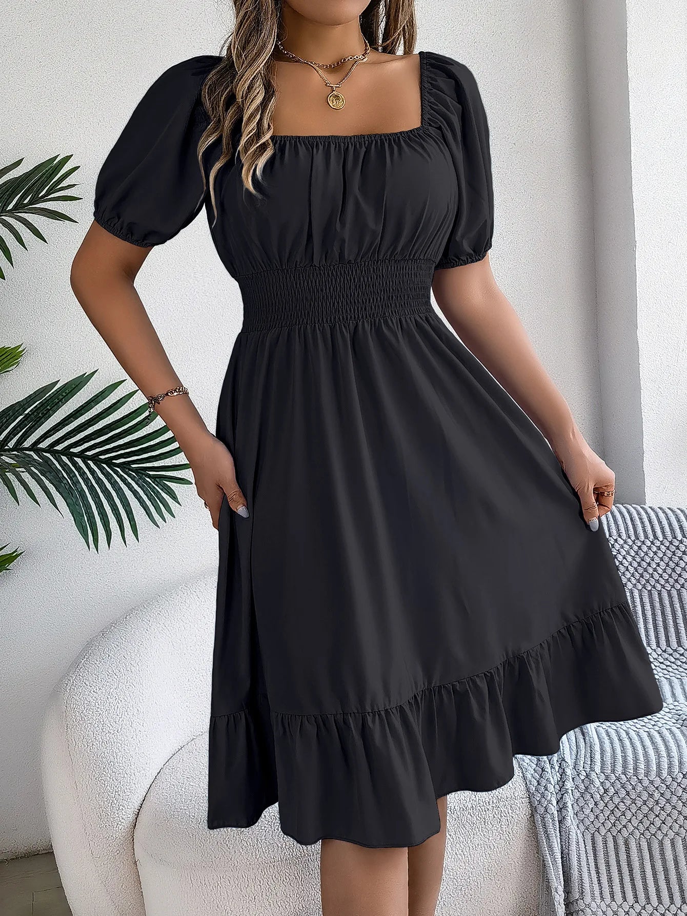 Mulheres Vestidos Pequenos 2024 Verão Casual Decote Quadrado Manga Curta Cintura Vestido de Borda com Babado Mulheres Elegante