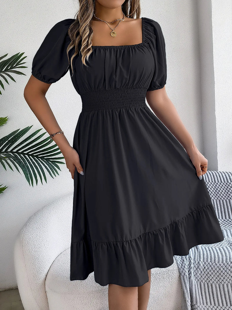 Mulheres Vestidos Pequenos 2024 Verão Casual Decote Quadrado Manga Curta Cintura Vestido de Borda com Babado Mulheres Elegante