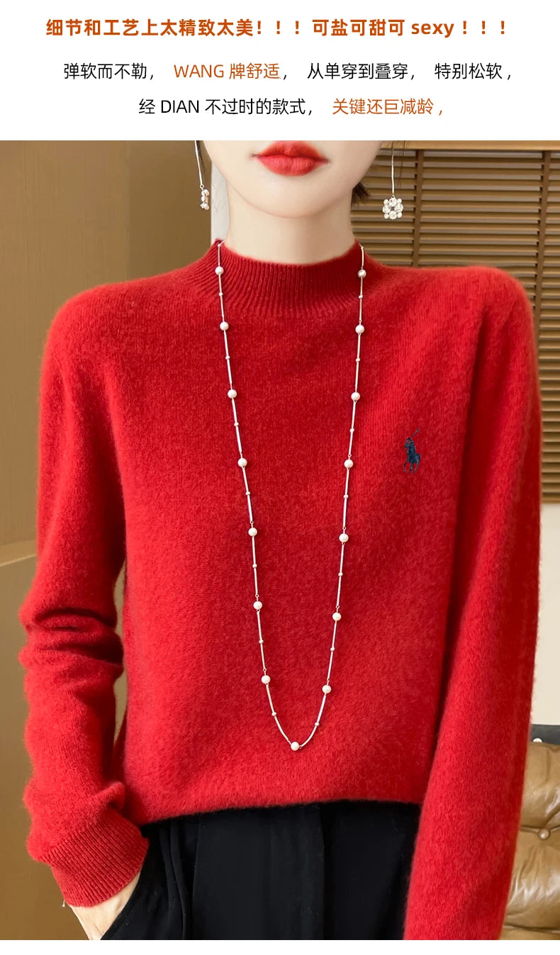 2025 Outono/Inverno Feminino Novo Moletom Com Capuz De Caxemira Elegante Bordado Meio Alto Gola Macia Caxemira Explosiva100% Lã Australiana