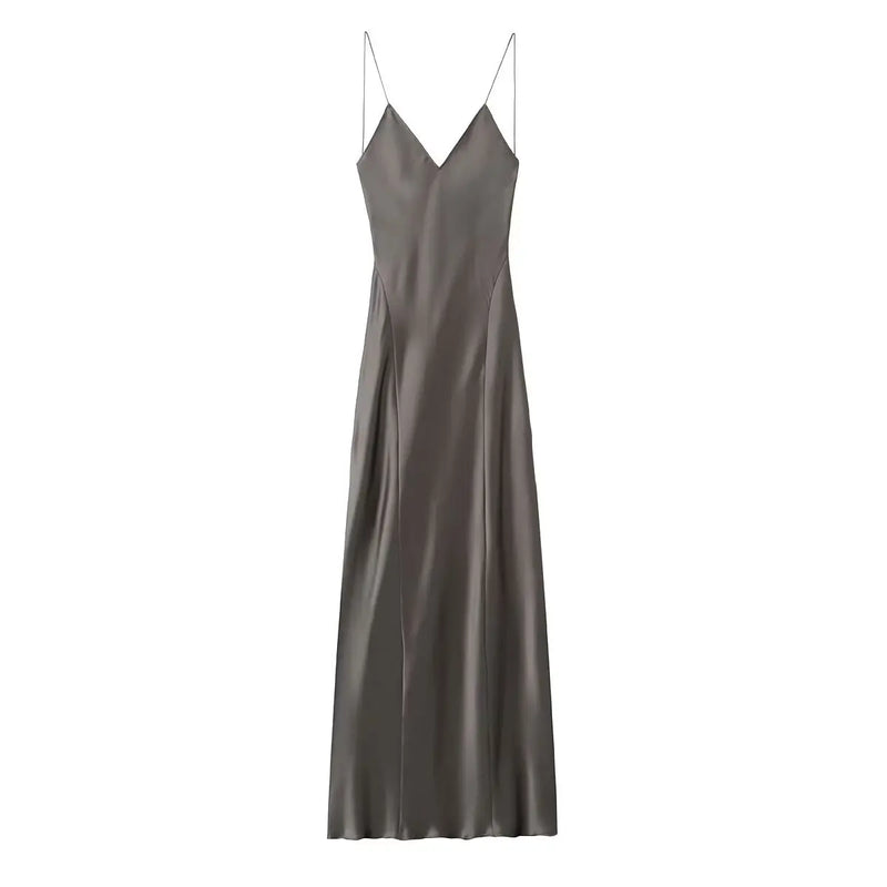TRAFZA 2024 Mulheres Vestido de Verão Cetim Sem Mangas Sem Encosto Decote Em V Feminino Vestidos Longos Chic Sexy Party Vintage Mulher Vestido de Noite