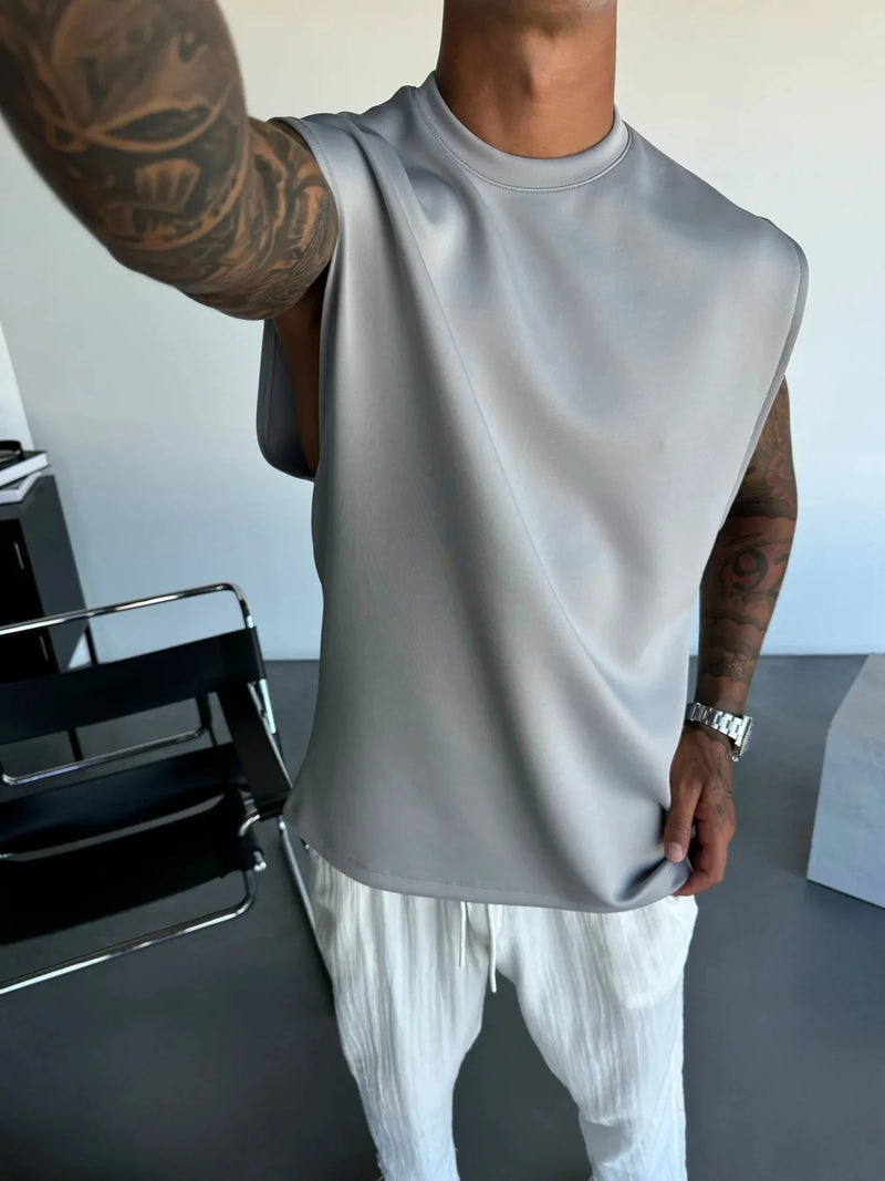 2025 Verão novo masculino moda esportiva calças casuais colete conjunto solto sem mangas T-shirt conjunto de cor sólida