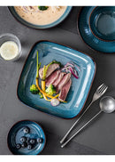 Pratos de cerâmica vitrificada em forno azul, pratos de jantar para micro-ondas, tigelas de salada de arroz redondas, talheres domésticos