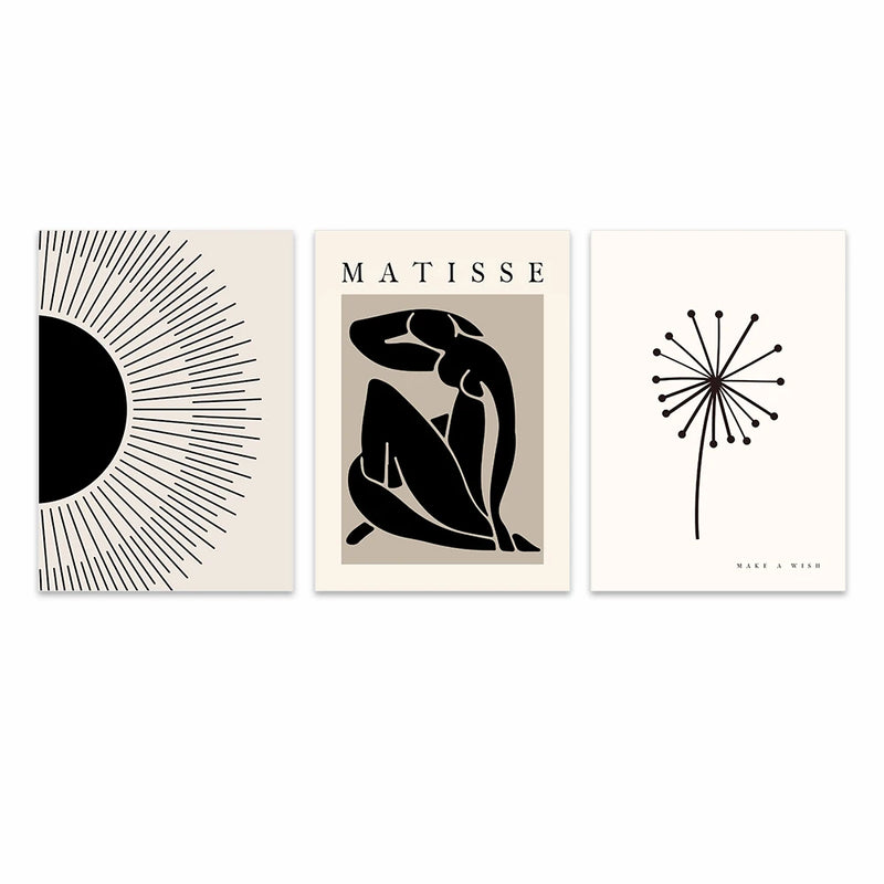 Cartaz abstrato Boho Matisse Preto Bege Dente-de-leão Impressão de Arte Sol Pintura em tela Moderna Imagem de parede Sala de estar Decoração de quarto