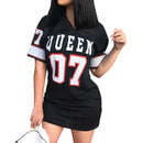 2024 Nova Moda Decote Em V Rainha Letras Vestido Estampado Manga Curta Basquete Estilo Esportivo Sexy Solto Roupas Femininas Streetwear