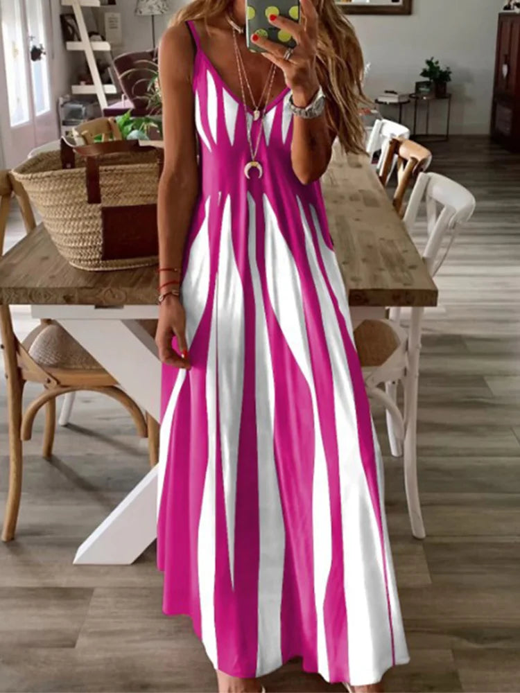Sexy Vestido Sem Mangas Mulheres Preto Branco Listrado Impresso Vestidos Longos Verão Casual Férias Vestido de Festa Robe