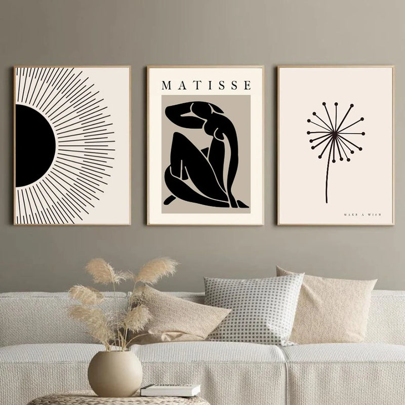 Cartaz abstrato Boho Matisse Preto Bege Dente-de-leão Impressão de Arte Sol Pintura em tela Moderna Imagem de parede Sala de estar Decoração de quarto