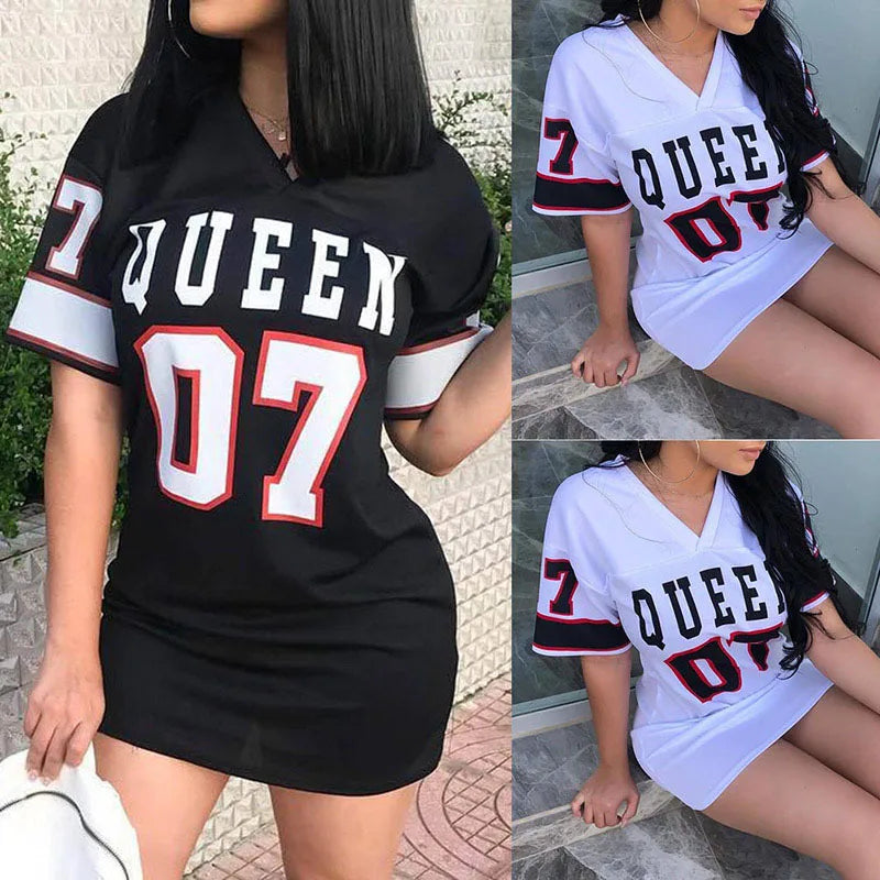 2024 Nova Moda Decote Em V Rainha Letras Vestido Estampado Manga Curta Basquete Estilo Esportivo Sexy Solto Roupas Femininas Streetwear