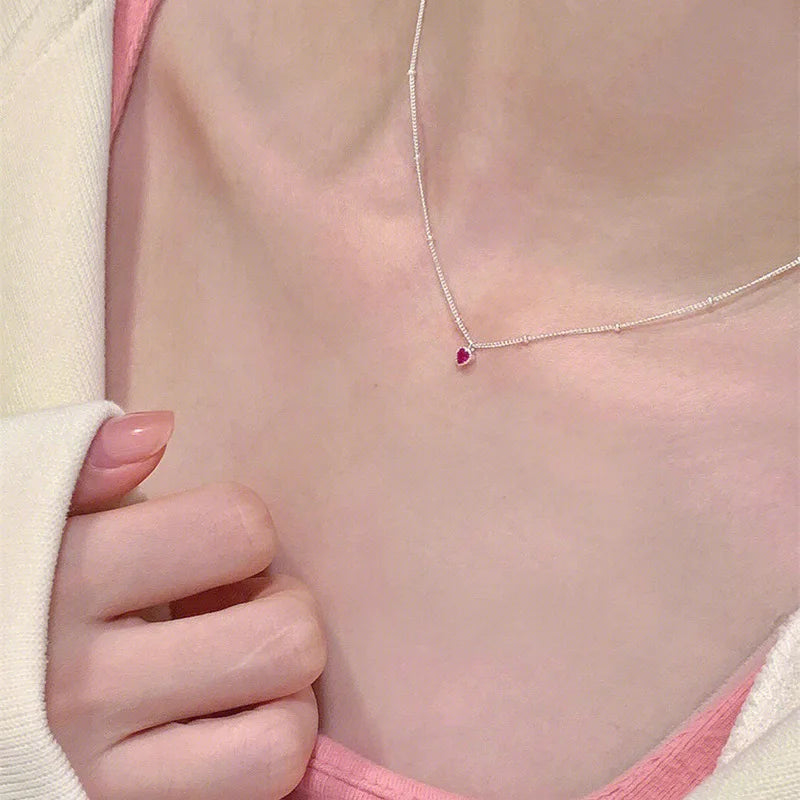 925 Colar de Prata Esterlina Pingente Para Mulheres Jóias Amor Colar Pequeno Mini Pingente de Coração Vermelho Simples Colar Em Forma de Coração