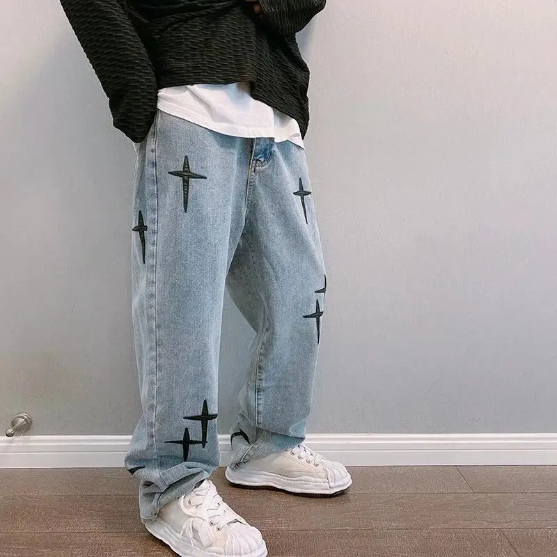 Estampas Jeans Homens 2023 Novo Streetwear Baggy Wide Leg Jeans Coreano Moda Cortinas Reta Casual Solta Denim Cargo Calças