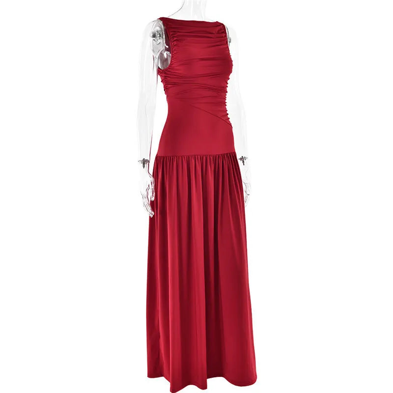 Mozision Elegante Sem Mangas Maxi Vestido Para As Mulheres Moda Sólida Barco Pescoço Tanque Vestidos Senhoras Sexy Ruched Vestido Longo Novo Vestido