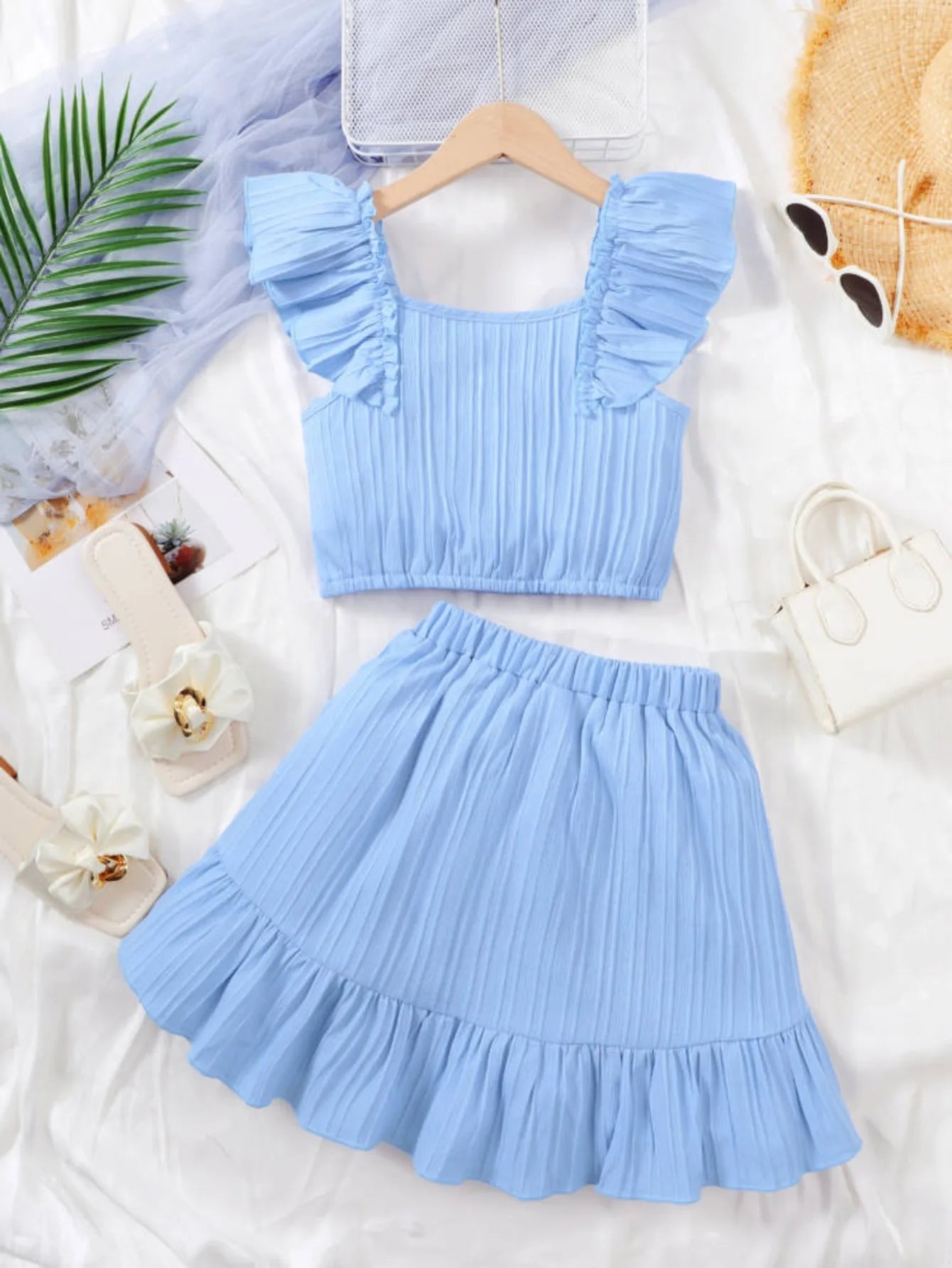 Conjunto de roupas de princesa de verão para meninas infantis Flutter Sleeve Plain Color Tops + Short Skirt Sweet Style Party Wear Para Criança 8-12 Anos