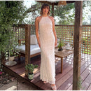 Elegante Plissado Halter Vestidos Longos Mulheres Retro Sexy Slim Sem Mangas Sem Encosto Vestido de Praia Feminino Chic Party Holiday Vestidos