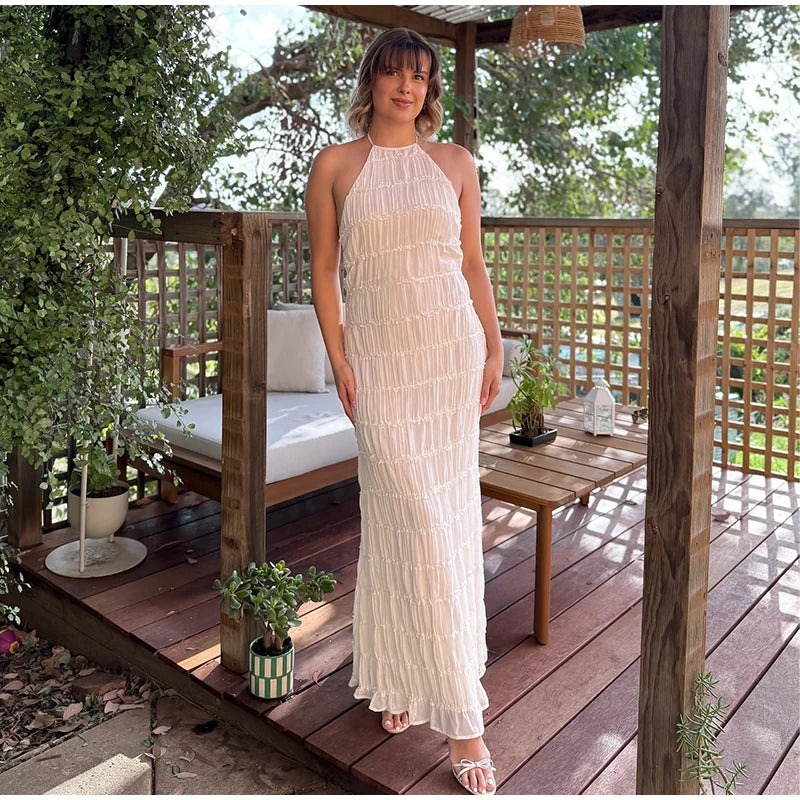 Elegante Plissado Halter Vestidos Longos Mulheres Retro Sexy Slim Sem Mangas Sem Encosto Vestido de Praia Feminino Chic Party Holiday Vestidos