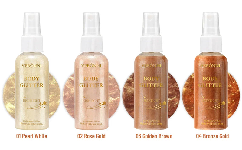 Óleo iluminador corporal líquido com brilho maquiagem 4 Cores Spray de Glitter Óleo Loção brilho cosméticos Spray de Glitter Corporal Óleo Loção
