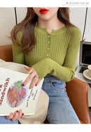 Suéter de malha feminina com decote em O Botão Pulôveres Primavera Outono Suéteres Básicos para Feminino Pulôver Slim Sólido Negrito Listradas Tops