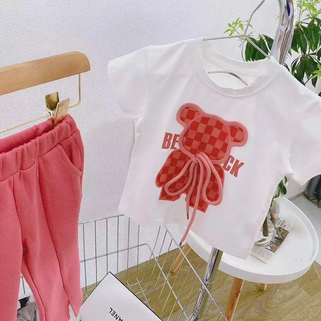 Conjunto de roupas de verão para bebês meninas Camiseta de urso dos desenhos animados infantil e calças largas Terno Crianças de manga curta Top Bottom Tracksuit