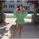 Moda Feminina Chiffon Plissado Lace Up Cintura Alta Mini Vestido Chic Verde Oco Out Manga Cheia A Linha de Vestidos Senhora Vestes de Praia