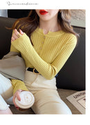 Suéter de malha feminina com decote em O Botão Pulôveres Primavera Outono Suéteres Básicos para Feminino Pulôver Slim Sólido Negrito Listradas Tops