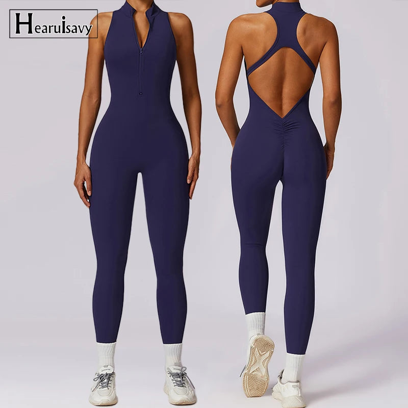 V Voltar Terno De Uma Peça Das Mulheres Macacão Esportivo Zíperes Yoga Macacão Backless Sportswear Mulheres Sleeveles Workout Bodysuits Feminino