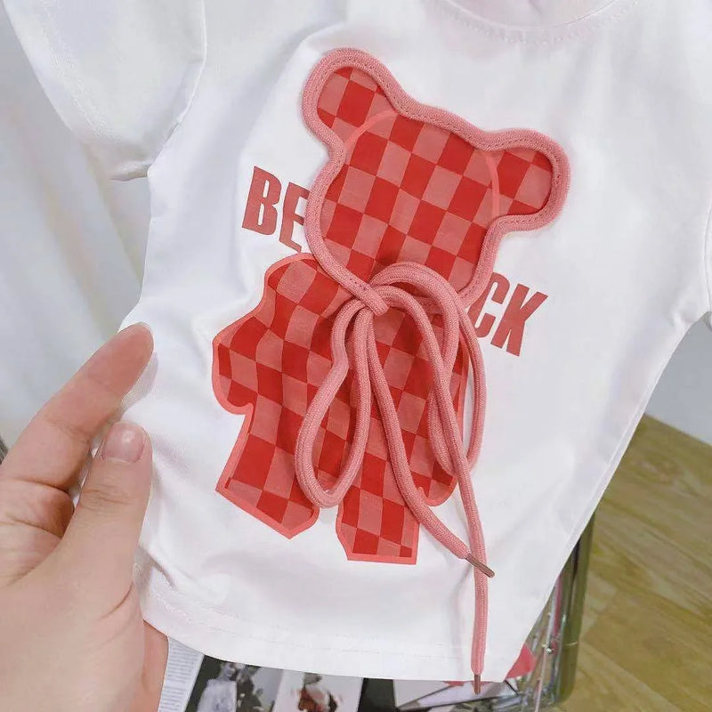 Conjunto de roupas de verão para bebês meninas Camiseta de urso dos desenhos animados infantil e calças largas Terno Crianças de manga curta Top Bottom Tracksuit