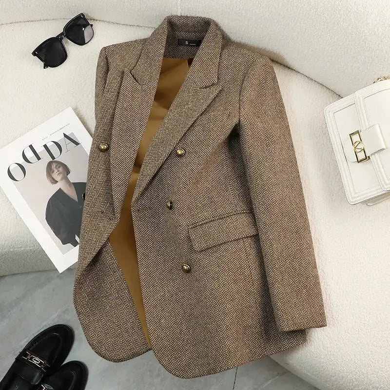 Outono Inverno Novo Blazer Casacos Jaquetas de Lã Feminina Manga Comprida Entalhado Vintage Grosso Outerwears Roupas Femininas Elegantes