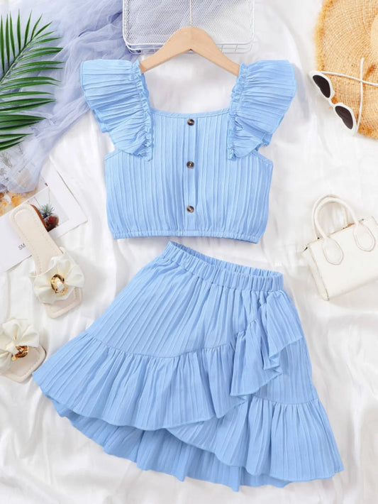 Conjunto de roupas de princesa de verão para meninas infantis Flutter Sleeve Plain Color Tops + Short Skirt Sweet Style Party Wear Para Criança 8-12 Anos