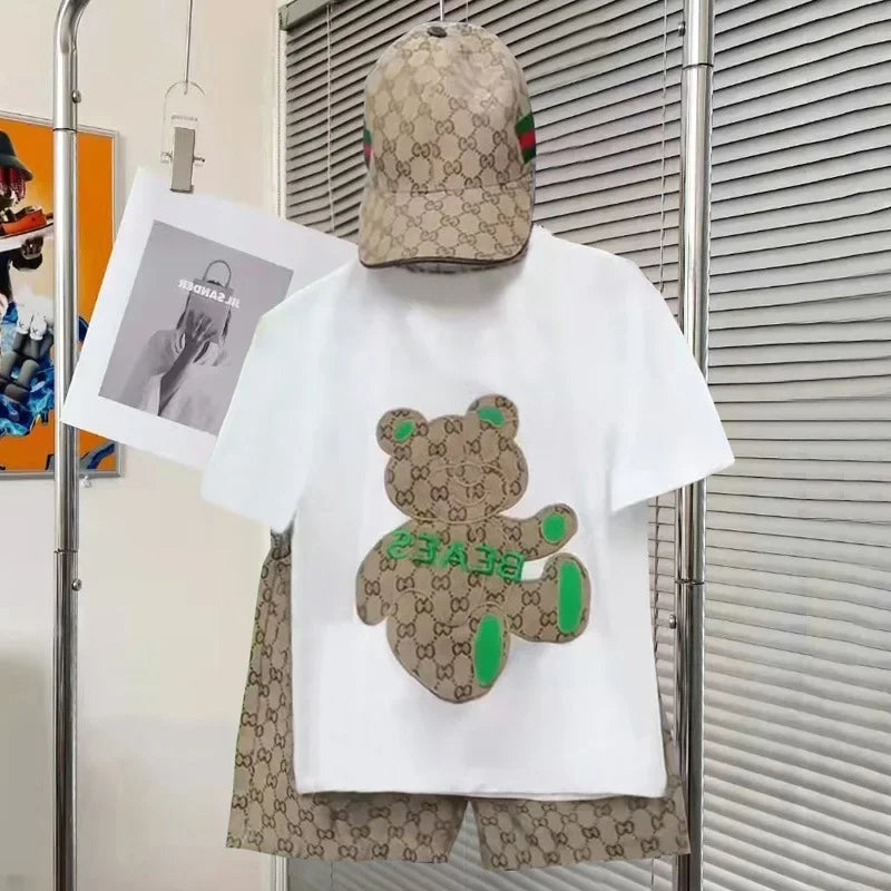 Roupas para Crianças Meninos Verão Cartoon Bear T-Shirt & Plaid Shorts Conjunto de 2 Peças Conjunto de Treino Geométrico Adolescente Menina Urso Estereoscópico