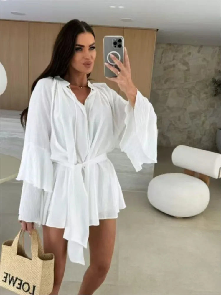 Elegante Plissado Vestido Curto Mulheres Solto Lace Up Manga Longa Flare V Neck Vestidos Feminino 2025 Primavera Oco Out Praia Robe Senhora