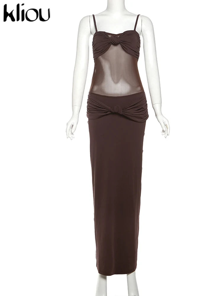 kliou Malha Suspendência Mulheres Maxi Vestido Sexy Ver Através Amarrado Patchwork Gola Baixa Sem Encosto Bodycon Feminino Moda Festa Vestidos