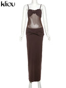 kliou Malha Suspendência Mulheres Maxi Vestido Sexy Ver Através Amarrado Patchwork Gola Baixa Sem Encosto Bodycon Feminino Moda Festa Vestidos