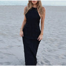 Elegante Plissado Halter Vestidos Longos Mulheres Retro Sexy Slim Sem Mangas Sem Encosto Vestido de Praia Feminino Chic Party Holiday Vestidos